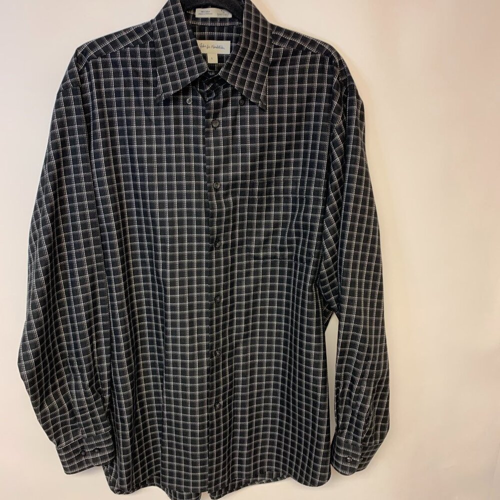 John W.Nordstrom Shirt Black Windowpane  Plaid Classic Preppy Wrinkle Free Men L